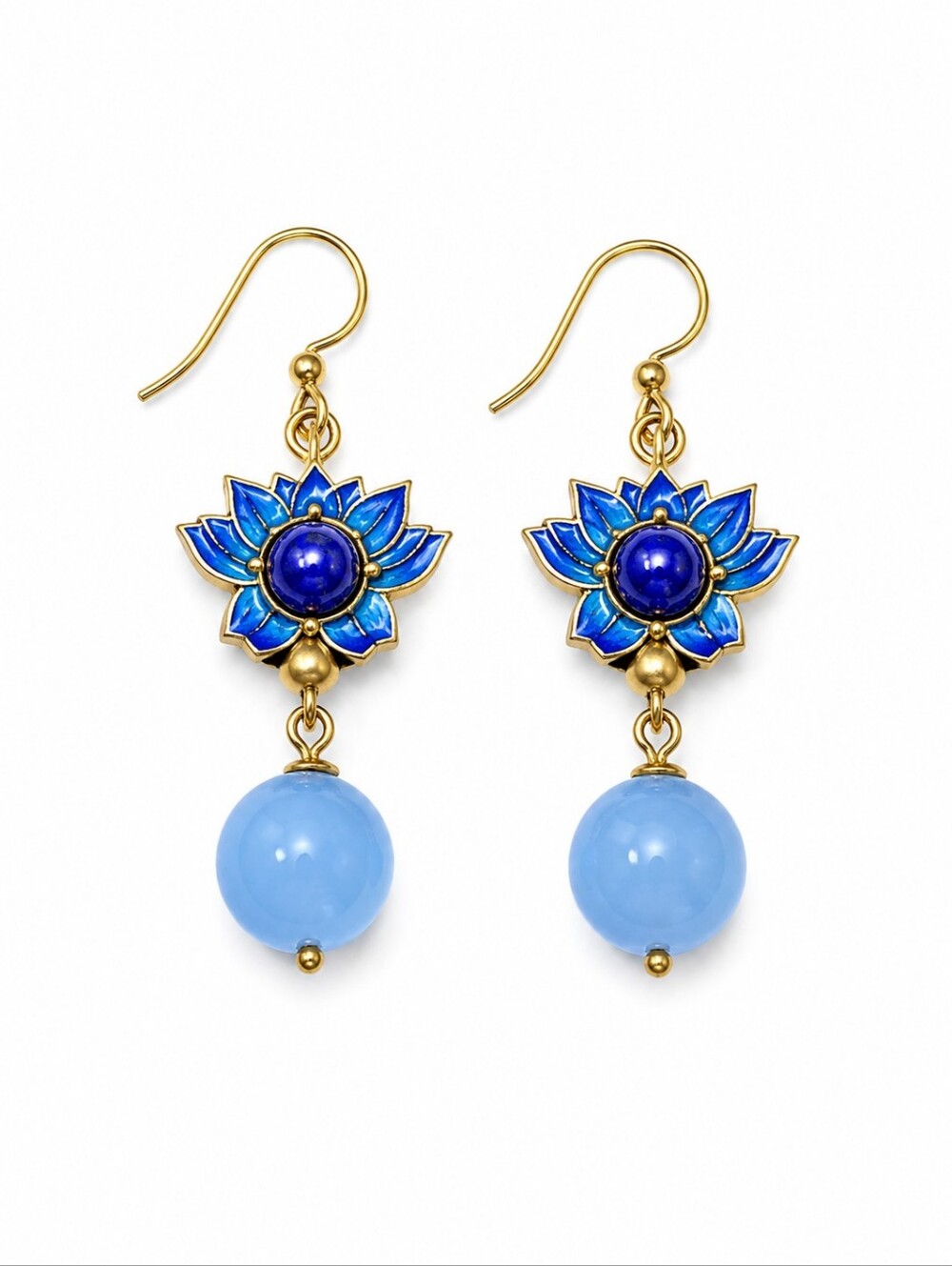 handmade Glass Beaded Cloissine Lotus Dangle Hook Earrings